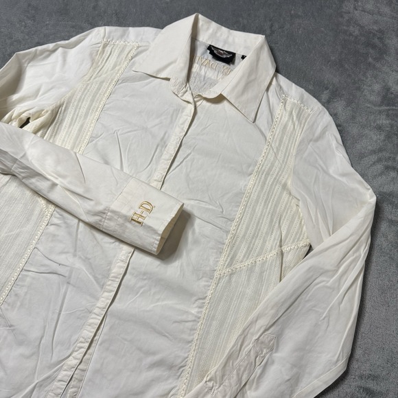 Harley Davidson Womens Large Cream Longsleeve Embroidered Button Shirt‎ - Picture 1 of 8